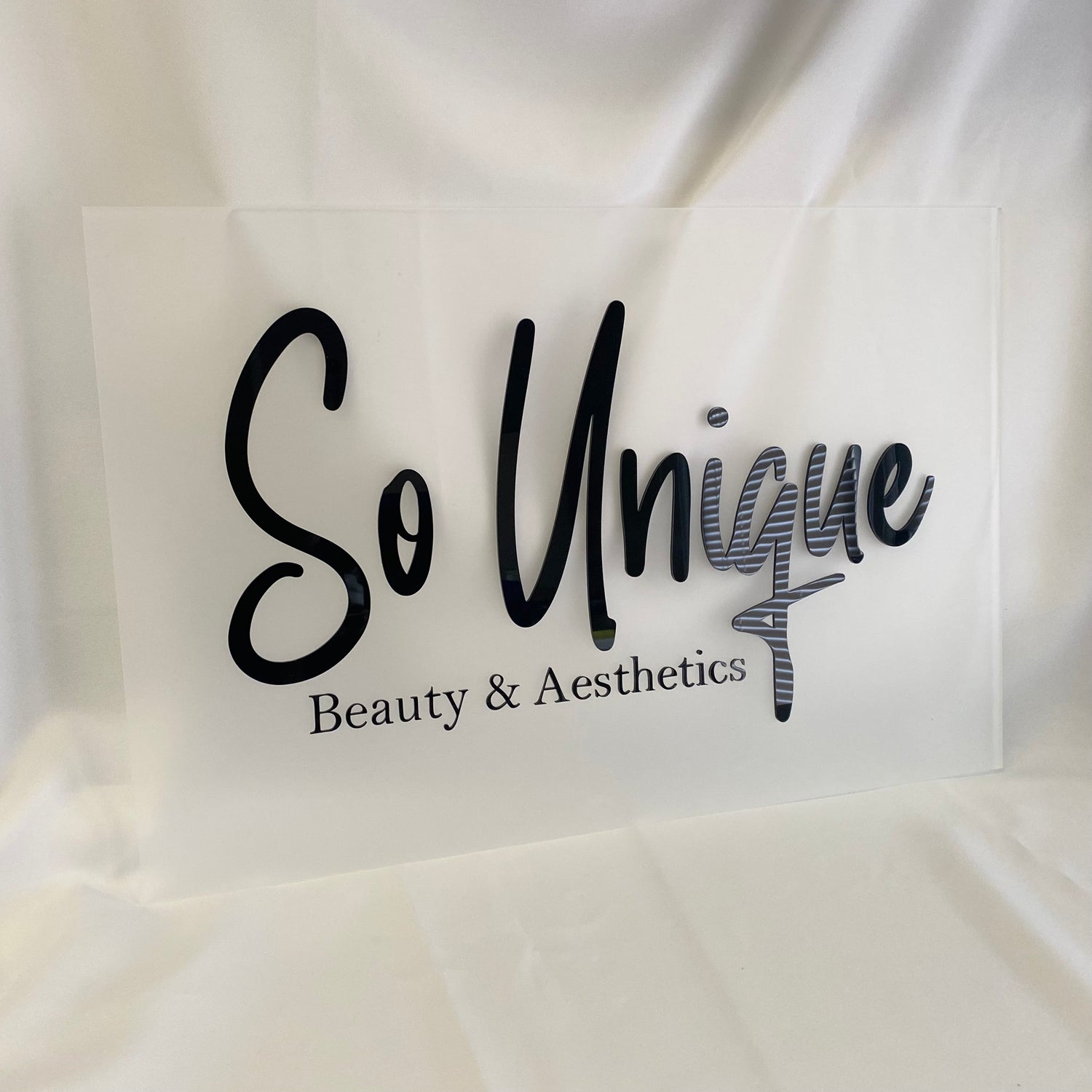Acrylic Salon Sign - Frosted acrylic background with black gloss 3d business logo