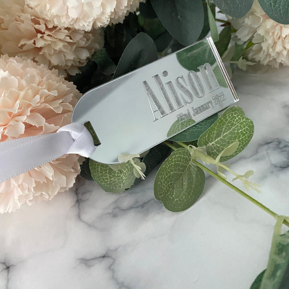 Acrylic Luggage Tag wedding Place Card with name and date engraved detail