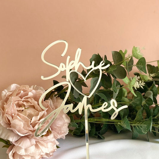Acrylic Wedding Cake Topper with names and Heart