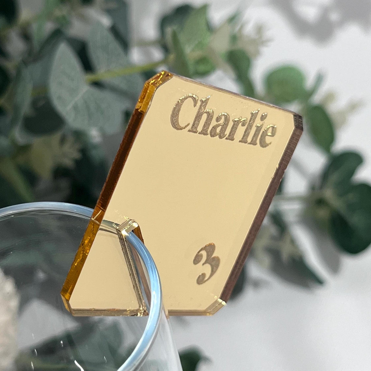 Acrylic Wedding Place Name drinks tag in gold mirror with engraved name and table number detail