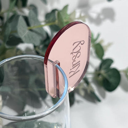 Rose Gold Acrylic wedding wine glass marker with 'Kirsty' engraved