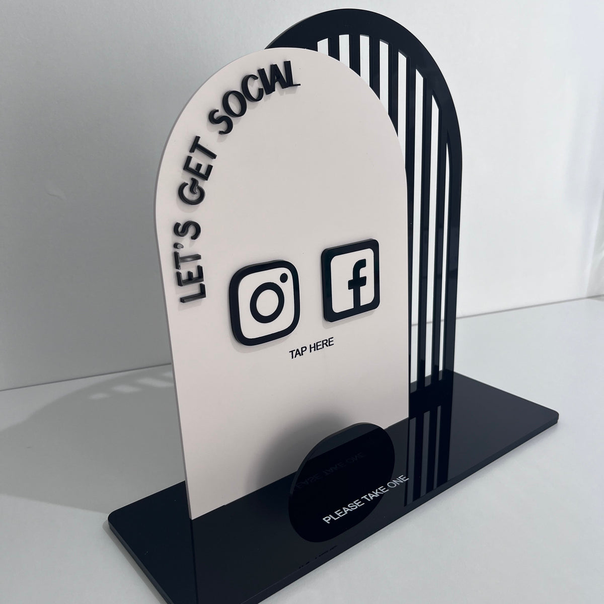 Black and Oyster acrylic business stand with social media icons and NFC technology.