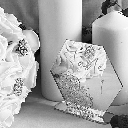 Engraved Peony Wedding Table Number shown in black and white