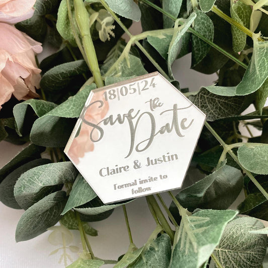 Hexagonal 'Save the Date' magnet in mirror silver acrylic