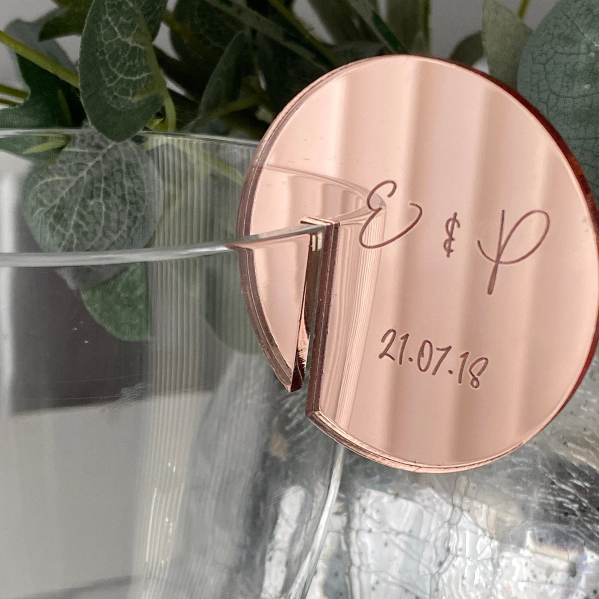 Rose gold mirror wedding place name with engraved initials and date