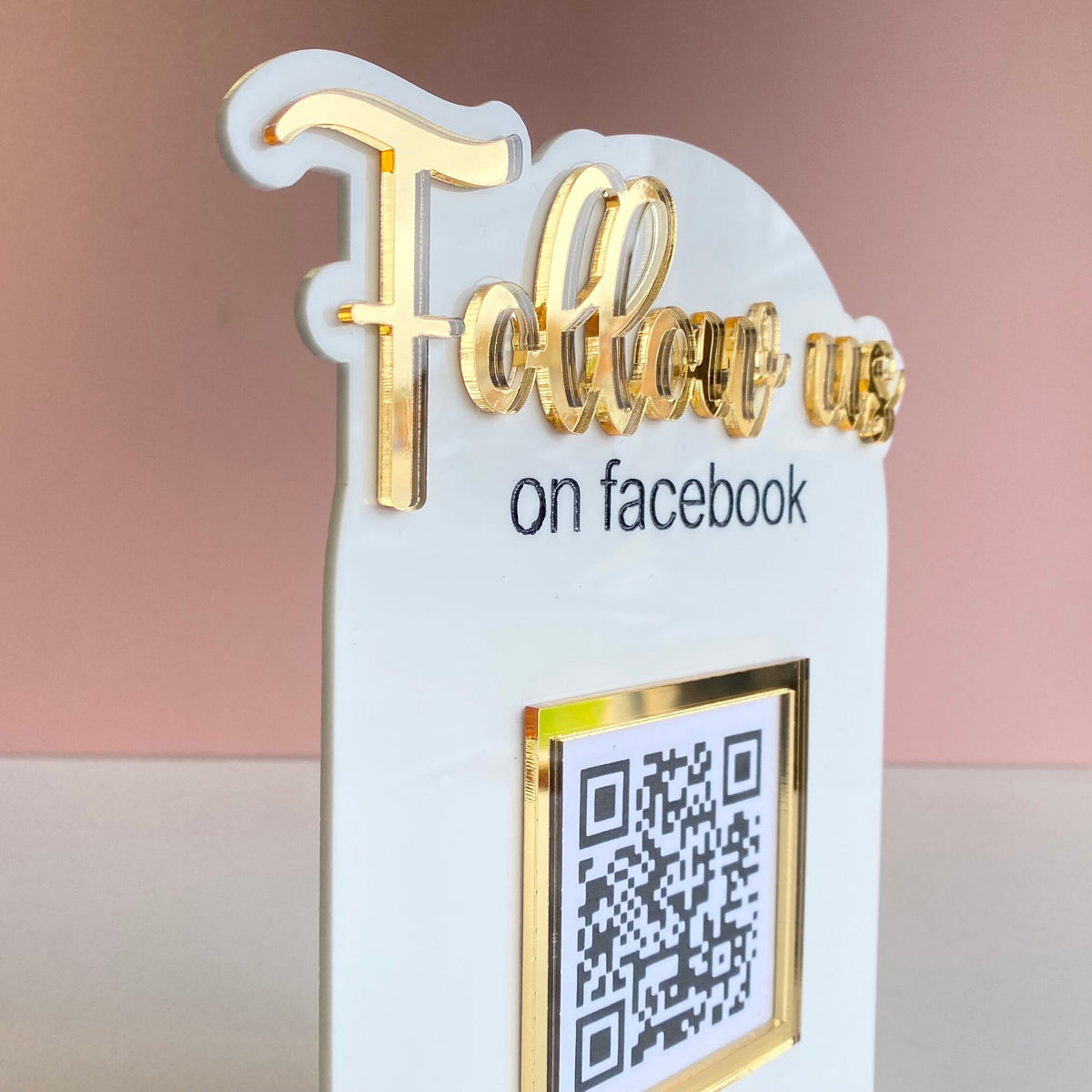 Acrylic Business sign with 'Follow us on Facebook' text and QR code on a gradient background