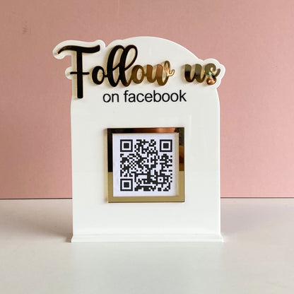 Acrylic Business Social Media sign with 'Follow us on Facebook' text and QR code on a pink background