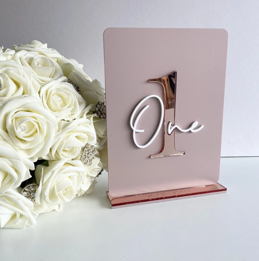 A wedding Table Number with 3D number and word details.