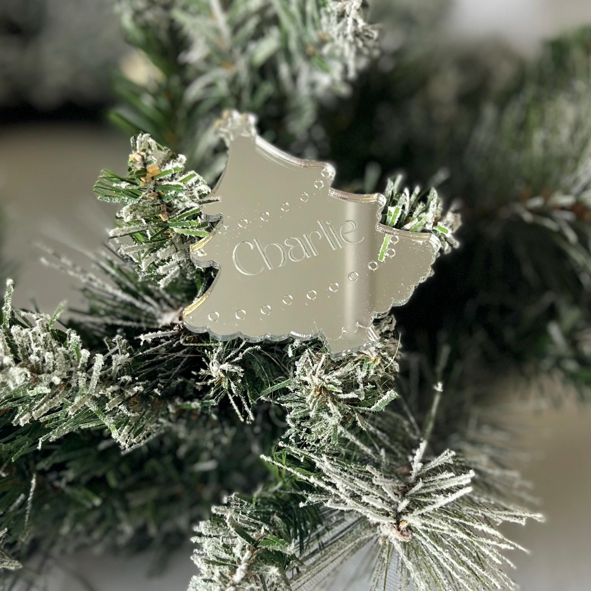 Decorative Personalised Christmas Tree Place Name with 'Charlie' engraved on a frosted Christmas tree branch