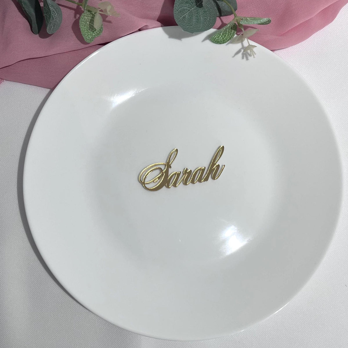 Personalised Laser Cut Wedding Place Name 'Sarah' in gold mirror acrylic