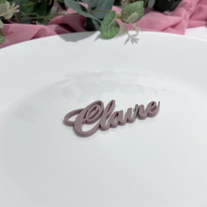 Personalised Laser Cut Wedding Place Name 'Claire' on a white wedding dinner plate 