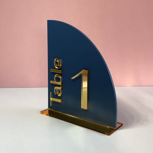Navy blue wedding table number holder with gold 'Table 1' 