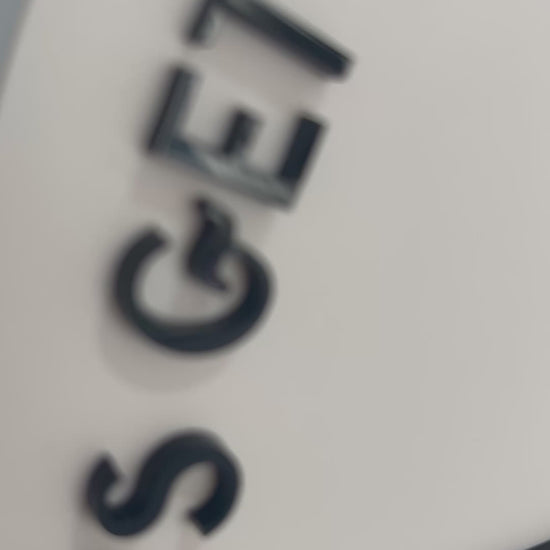 Double Arched NFC Business Sign with the wording 'let's get social' on the front arch with the Facebook and Instagram logos and directions to tap here.