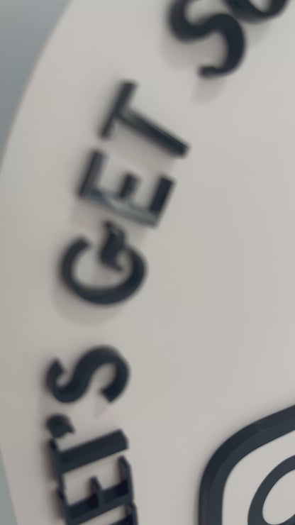 Double Arched NFC Business Sign with the wording 'let's get social' on the front arch with the Facebook and Instagram logos and directions to tap here.